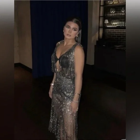 ZARA NEW WOMAN JEWEL WATERFALL DRESS WITH RHINESTONES SILVER - Picture 3 of 14